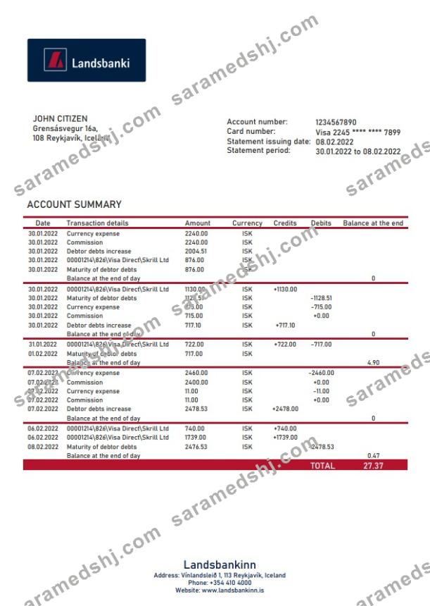 Iceland Landsbankinn bank statement